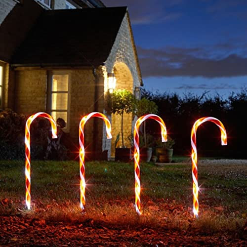 Marco Paul Christmas Candy Cane Outdoor Pathway Lights - Set of 4 Pre-Lit Candy Cane Lights with 40 LEDs Battery Powered Christmas Lights for Patio, Garden Xmas Decor