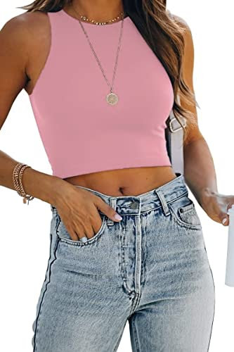 Rayson Canotte da Donna Retro Tinta Unita Sportiva Smanicato Raccolto di Base Scollo Rotondo Estate Top Corto(Rosa,S)