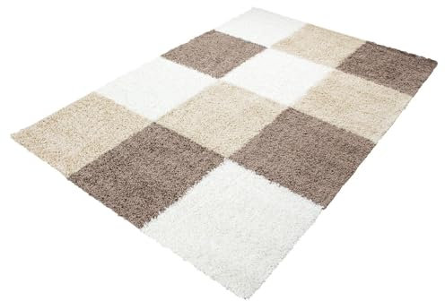 Muratap Teppich Geometrisch Karo Design - Basic Shaggy Blöcke - Hochflor Teppich Kariert Vierecke Muster Abstraktes Design - Florhöhe: 30MM - Große: 160x230 cm - Farbe: Braun Beige