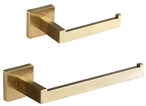 SHUNLI Gold Toilet Roll Holder + Hand Towel Holder, Brushed Gold Bathroom Accessories Hardware Set, Wall Mounted Toilet Paper Holder Towel Bar, SUS304 Stainless Steel