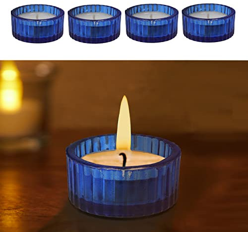Teelichthalter 4er Set Rillendesign │ Glas blau Ø5x3cm │ Glasgefäß für Teelicht Kerze│ Tischdekoration Adventsdeko (1 x 4er Set Teelichthalter blau)