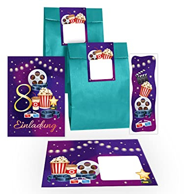 Junapack 12 Einladungskarten zum 8. Kindergeburtstag Kino achte Geburtstag Mädchen Jungen Cinema Kino-Party incl. 12 Umschläge, 12 Tüten/petrol, 12 Aufkleber, 12 Lesezeichen
