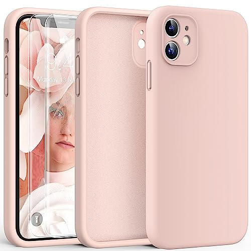 HATOSHI 3 in 1 for iPhone 11 Phone Case, with 2 Pack Screen Protector, [Upgraded Full Camera Protection] Liquid Silicone Silky-Soft Touch Slim Shockproof [Anti-Scratch] [Multi-Color] 6.1 inch, Pink