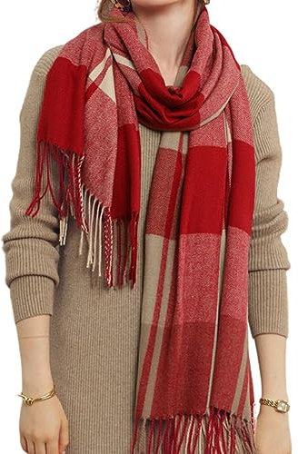 JFAN Schal kariert für Damen Winter Schal Pashmina Warmer Stola mit Baumwolle Fransen Scarves Cashmere Scarf for Women Shawls Wraps Rot One Size