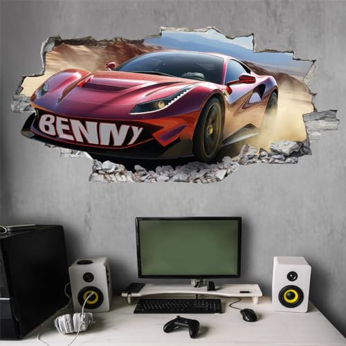 tjapalo® vz108 3D Wandtattoo Gamer mit Namen gaming Bild Auto Wandtattoo Auto Kinderzimmer Wandtattoo Rennauto gaming wandtattoo jugendzimmer jungs Wandbild autos, Größen Name: B50xH24cm