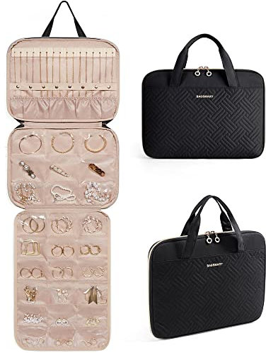 bagsmart Schmuck-Reise-Organizer-Etui, Hängerolle, Schmucktasche für Reisen mit Taschen, großes Fassungsvermögen, Schmuckrolle für Ringe, Schwarz