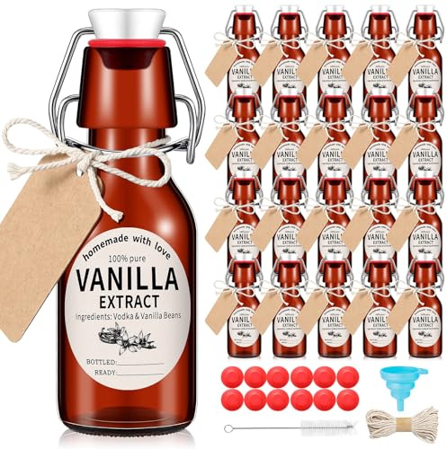 Vesici 12 Sets Swing Top Glass Bottles Set Amber Homemade Vanilla Extract Bottles Vanilla Extract Jars for Christmas DIY Crafts (8 Oz)
