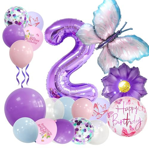 Afritee Geburtstagsdeko 2 Jahre Mädchen - 25 Stück 2. Geburtstag Mädchen Schmetterlinge Folienballon Deko Schmetterling 2. Deko Lila Luftballon Schmetterling Deko 2. Mädchen