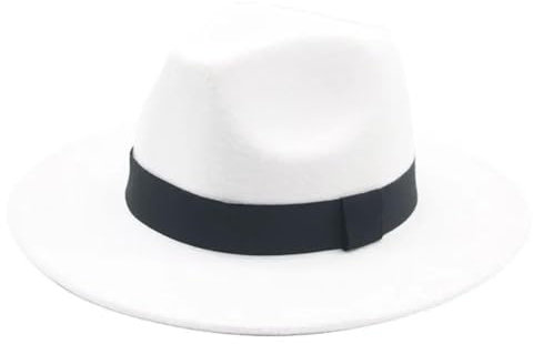 SOYNIA Fedora Trilby Filzhut Hut Damenhut Herren-Fedora-Hüte Breite Krempe Gürtel Bandband Solide Klassisch Formelle Kleidung Hochzeit Fedora-Hüte Für Herren 60–62 cm (XL) Weiß