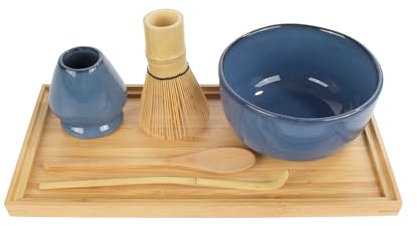 BambooMN Brand - Matcha Bowl Set (Includes Bowl, Rest,Tea Whisk, Chasaku, Tea Spoon & Tray) 1 Set Deep Blue