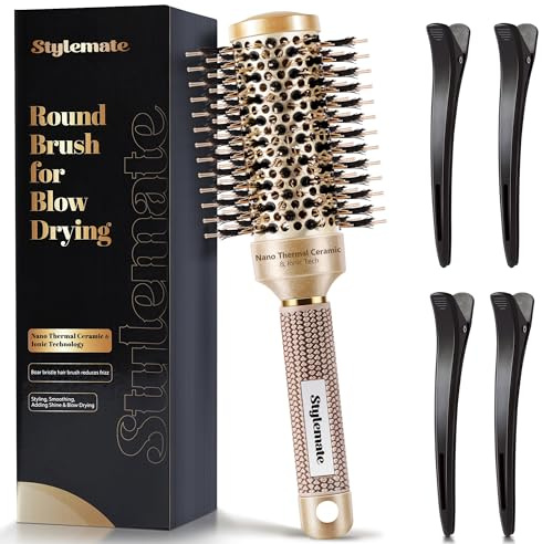 Rundbürste zum Ausblasen, Nano-Thermo-Keramik & Ionic Tech Rundhaarbürste mit Wildschweinborsten und Nylonstiften, Rollenbürste zum Föhnen und Stylen, 4 kostenlose Clips, Schaft 45 mm
