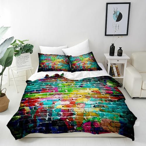 ANHOPE Bunte Ziegel Graffiti Bettwäsche Set 2 Teilig Bettbezug 135x200 cm + Kissenbezug 80x80 cm Weich Microfaser Bettbezüge mit Reißverschluss Bettdeckenbezug Set für Kinder Jungen Mädchen