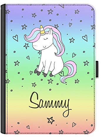 Personalised Initial Universal Case For Amazon and Kindle Tablets, Fire HD 7, 8, 10, Paperwhite, Rainbow Unicorn with Custom Black Text, 360 Swivel Leather Side Flip Wallet Folio Cover