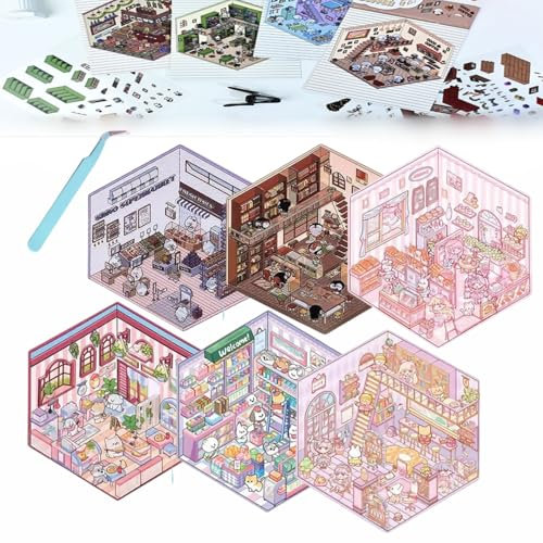 Donubiiu 4 Sets DIY 3D House Stickers, DIY Stickers Scene Make Your Own Supermarket|Coffee Shop|Restaurant|Bookstore, Scene Stickers 3D for Adult Kids (6PCS-A)