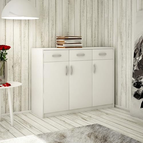 Home Collective Kommode mit 3 Schubladen und 3 Türen in Matter Ausführung, Kommode 110cm breit mit hochwertigen Polymergriffen Holz Schrank mit Schubladen - Aus laminierter Platte gefertigt weß