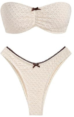 ZAFUL Trägerloser Bikini für Damen, durchbrochenes strukturiertes Schleifendekor, gerüschter Bandeau-Badeanzug mit Schnürung (1-Beige, S)