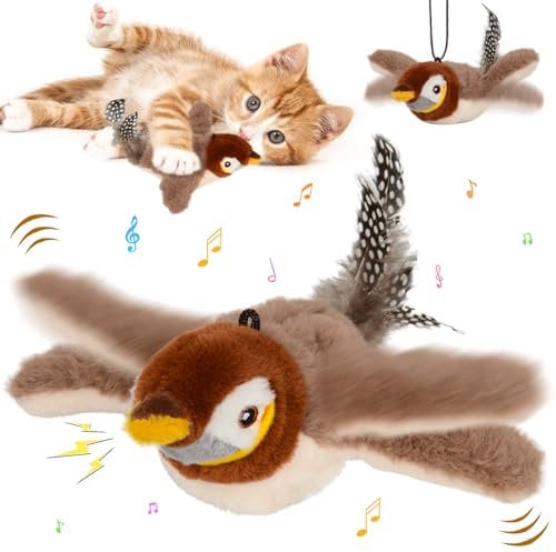 DAMIGHT Flapping Bird Cat Toys, Simulated Flying Bird Interactive Cat Toy for Indoor Cats, Rechargeable Plush Flying Bird Toy for Kittens Dogs, Automatic Flapping Wings Sparrow Catnip Toys (A)