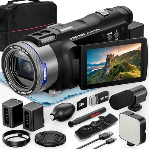 NBD Videocámara 5K 48MP: Zoom 16X & Pantalla Giratoria 270°, WiFi – Ultra-Ligera 277g, Incluye Tarjeta 32GB + 2 Baterías(Negro)
