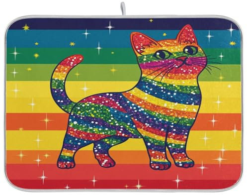 Pride Month A Colorful Cat - Tapete absorbente para secar platos, resistente al calor, escurridor de platos, encimera de cocina, grande, 18 x 24 pulgadas