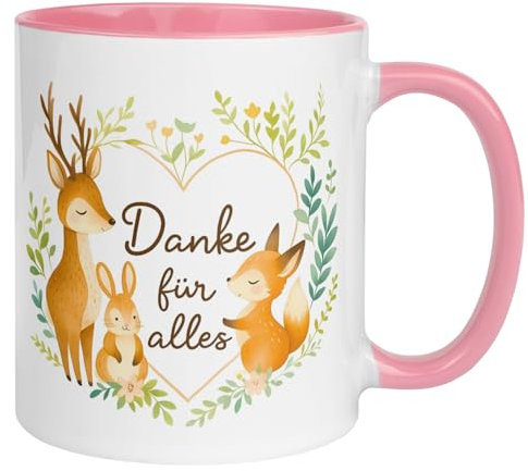Danke Dankeschön Tasse mit Spruch | Reh Fuchs Hase im Blätter Herz | Danke für Alles Geschenk | Lieblingsmensch - Herzensmensch | Dankesspruch Danksagung | Einfach Mal Danke Sagen