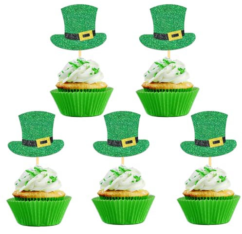 24 Stück Glitzer St. Patrick's Day Hut Cupcake Toppers, St. Patrick's Day Kuchendeko für Irische St Patricks Day Party Dekoration (Hut)