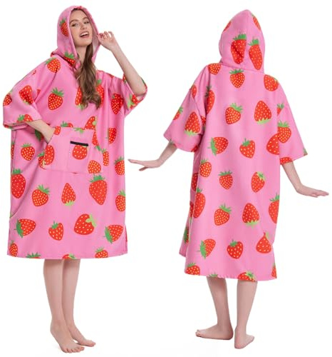 OLAOLA Surf Poncho Wickeltuch, Bademantel, Poncho mit Tasche, Übergröße, schnell trocknend, Frottee, mit Kapuze, für Damen und Herren, Erdbeere, Adult