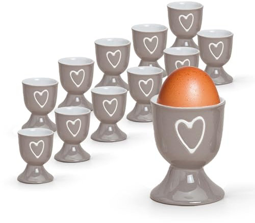 Bunte Landhaus-Stil Eierbecher 12er Set taupe - Runde Keramik Frühstücks-Eier Herzen Untersetzer