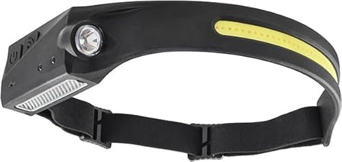 Hepoluz Linterna Frontal LED, 250+150 Lúmenes, Sensor de Movimiento, Batería Recargable 1x300mAh, Angulo de luz 230º, Diadema Ajustable, Negro