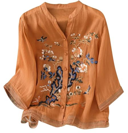 Cocila Chemisiers De Travail pour Femmes Bureau Professionnel Manches Longues Chemisier Brodé en Coton Et Lin Femme Style Bohème 3/4 Tunique Élégante Long Blouse Top Chemise Col Chic Élégant