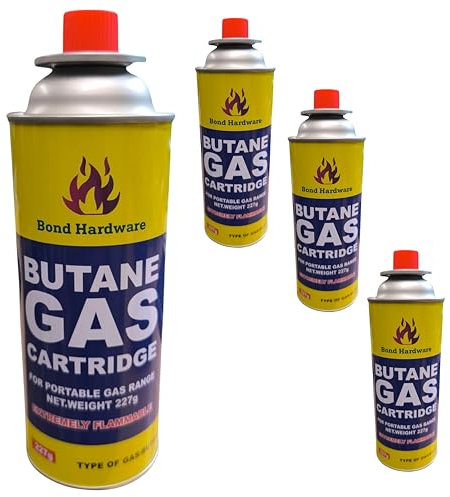 BEST QUALITY STORES (BQS) Bond Hardware Butane Gas Canisters (Pack of 4) – Gas Bottles for Camping Stove, BBQ, Heaters, Blowtorch & Weed Burner – Portable Camping Gas (4)