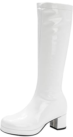 Stivali al ginocchio da donna in pelle verniciata, eleganti stivali con tacco grosso, colore rosso lucido audace, comodo tacco a blocco, stivali in PVC impermeabili alla moda per look dichiarativi