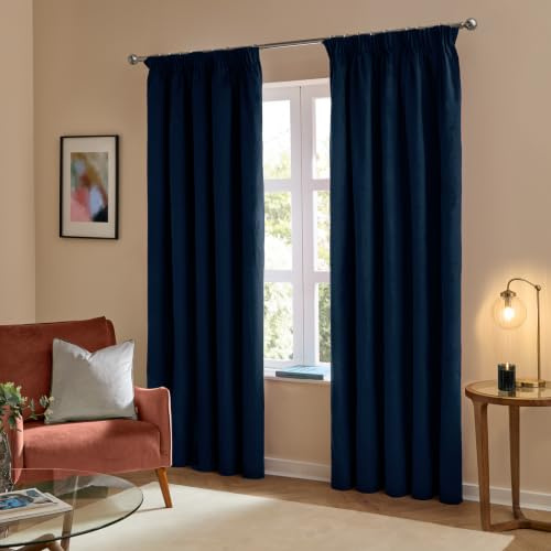 furn. The Ultimate Velvet Blackout Pencil Pleat Curtains (Blue-229x183cm) | Soft Stylish Light Blocking Thermal Matte Velvet Curtain Pair