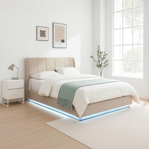 [en.casa] Polsterbett 140x200 cm Tröstiar Leinen Beige | Doppelbett mit LED-Beleuchtung, Bettgestell 140x200, Stauraum, Gepolstertes Kopfteil, Bettkasten, aufklappbarer Lattenrost