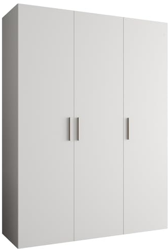 MEBLE KRYSPOL - Kleiderschrank - Garderobenschrank - 150 cm x 202 x 52 cm - Schrank mit Kleiderstange, 3 Türen - für Schlafzimmer, Flur - BARI, Weiß, Griff Silber