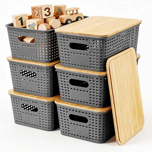 Zourglow 6 Pcs Plastic Storage Box with Bamboo Lid | 5L Stackable Storage Boxes Grey, Storage Bins Containers for Kitchen, Wardrobe, Bathroom, Office, Cabinets