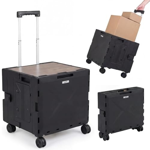 COSTWAY Folding Shopping Trolley, 75L/55L Collapsible Boot Cart with Telescoping Handle, 4 Rotate Wheels, Lid & Cup Holder, Grocery Utility Storage Crate Box (75L, 60KG Capacity,Black)