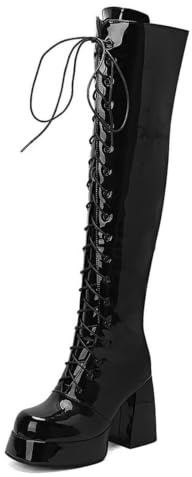 Generico Stivali Sopra il Ginocchio Donna Plateau Tacco Grosso 9.5cm Vernice Stringati Punta Quadrata