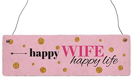 Interluxe Holzschild Shabby Happy Wife Happy Life lustig Spruch Türschild Frau Mann Comedy