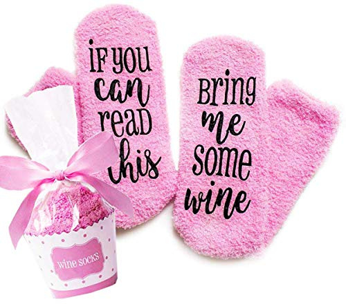 Himozoo Funny Non Slip Fluffy Socks, “If You Can Read This Bring Me Some Tea, Wine & More!” Cupcake Socks - Birthday Gifts for Women Wife,Daughter Girls