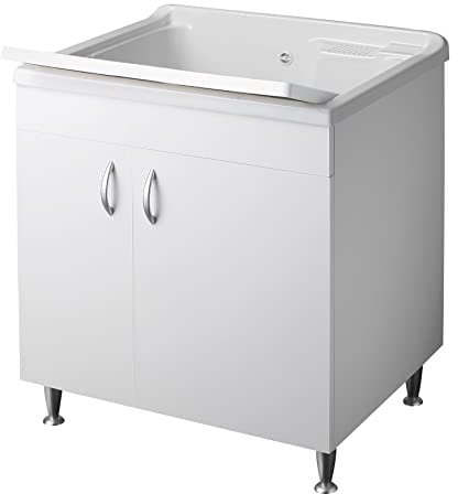 Negrari Eco Bianco Lavatoio 75x60 L75 P60 H85 CM Lavapanni Bagno Lavanderia Base Mobile Nobilitato Idrofugo Legno Vasca Intera Grande Plastica Asse Piedini Ante Battenti Economico Qualità Medio Alta