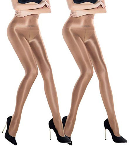 2 Pack Femmes Façonnent Des Chaussettes De Couleur Unie Chaussettes D'huile Shiny Silk 70 Den Stockings Collants De Danse Collants,Marron,Taille unique