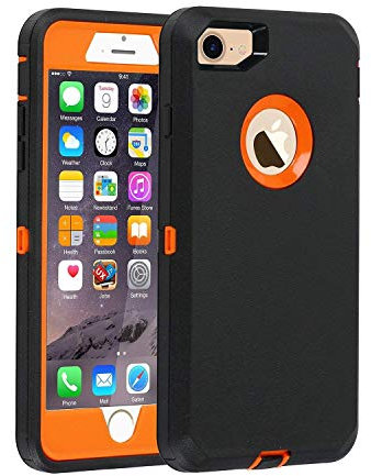 smartelf Case for iPhone 7/8 [HEAVY DUTY] 3 in 1 Built-in Screen Protector Protective Cover Dust-Proof Shockproof Drop-Proof Scratch-resistant Hard Shell for Apple iPhone 7/8 4.7 inch-Black/Orange