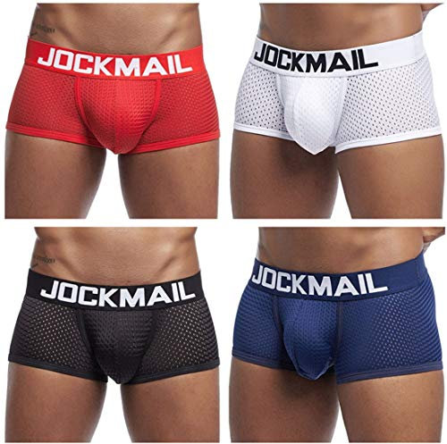 JOCKMAIL 4PCS/PACK Sexy Mens Boxers Shorts Underwear Pack Sexy Mens Boxers (M, White+Black+Navy+Red)
