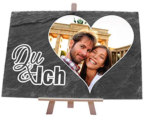 wandmotiv24 Schieferplatte mit Staffelei personalisiert mit Foto, 30x20cm (BxH), personalisierte Geschenke zum Valentinstag, Jahrestag, Hochzeit, Geschenkidee für Ihn und Sie, Spruch Du & Ich M0006