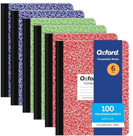 Oxford Composition Notebook 6 Pack, College Ruled Paper, 9-3/4 x 7-1/2 Inches, 100 Sheets, Assorted Marble Covers. 2 Each: Blue, Green, Red (63763)