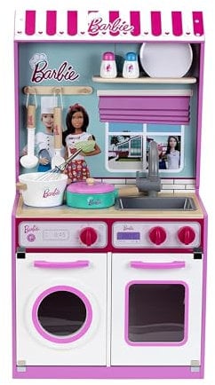 Theo Klein 7312 Cucina in legno con casa delle bambole integrata Barbie, 2 in 1, giocattolo con piano cottura, lavatrice e accessori, 45 cm x 40 cm x 85 cm, Giocattoli per bambini dai 3 anni in su