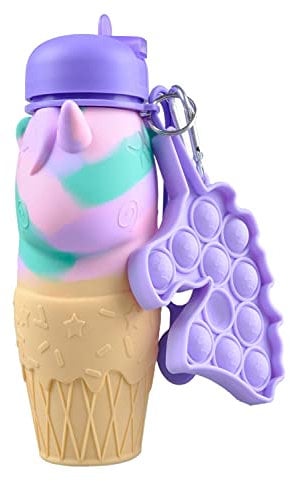 CARESWAY Bouteille d'eau licorne pour filles et garçons avec porte-clés – Bouteille d'eau de 500 ml avec bec verseur pour l'école – pliable, anti-fuite, sans BPA, pour boissons pour enfants