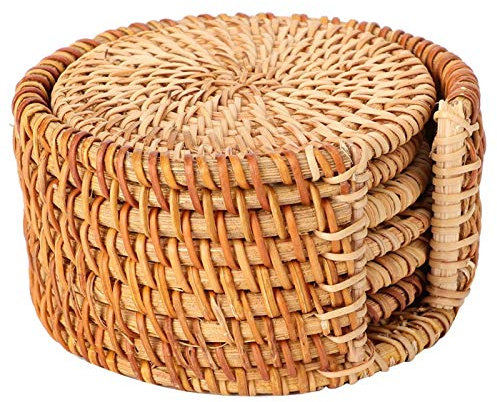 Aigid Sous-verres - Tapis de tasse ronds en rotin antidérapants et résistants à la chaleur avec support Ensemble de 6 sous-verres pour tasse à thé Protégez vos meubles des rayures/taches