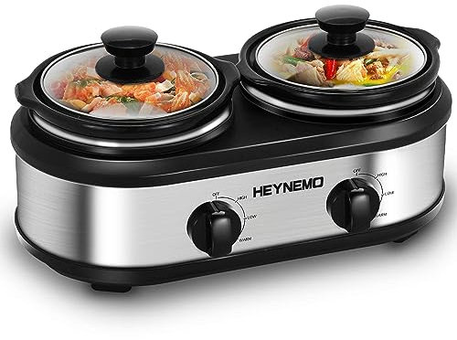 Double Slow Cooker, Buffet Servers and Warmers, Dual 2 Pot Slow Cooker Food Warmer, Adjustable Temp Dishwasher Safe Removable Ceramic Pot Glass Lid, 2 x 1.25 QT Portable Small Crock Cooker