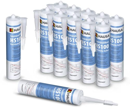 HAUSA Silicone sanitaire HS100 Silikon transparent Salle de bain Cuisine Matériau d'étanchéité Silicone de construction Joint 12x 310ml résistant aux moisissures